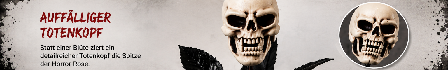 Detailansicht des Totenkopfs an der schwarzen Halloween Horror-Rose